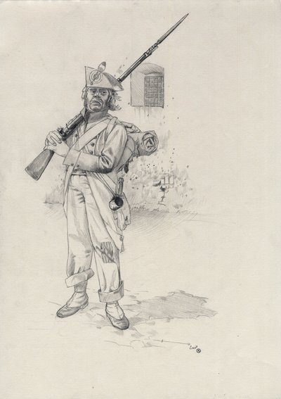 First Empire (1804-1814 eller 1815): soldat fra Napoleon-hæren, infanteristsoldat fra en brigade av ryttere i et fort. Tegning av Alessandro Lonati av Alessandro Lonati