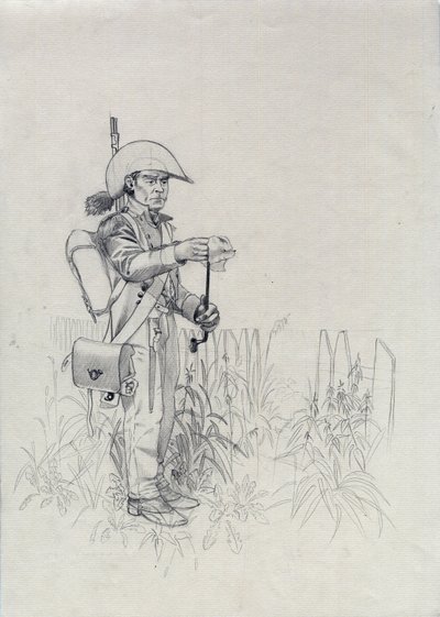 First Empire (1804-1814 eller 1815): soldat fra Napoleon-hæren, soldat infanteristjeger (infanterijeger). Tegning av Alessandro Lonati av Alessandro Lonati