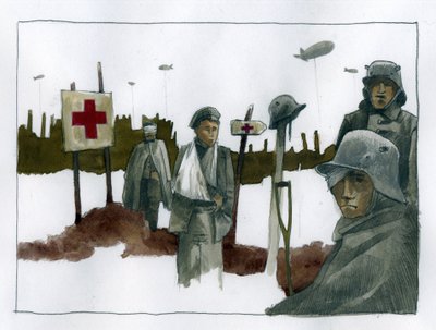 Første verdenskrig: Gules-cases og krigsskadde ved Røde Kors redningspost - 1914-1918 Illustrasjon av Alessandro Lonati av Alessandro Lonati