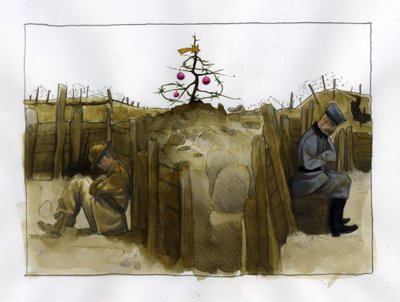 Første verdenskrig: ensomheten til to fiendtlige soldater, britiske (til venstre) og tyske i skyttergraven, ved juletider 1914-1918 Illustrasjon av Alessandro Lonati av Alessandro Lonati