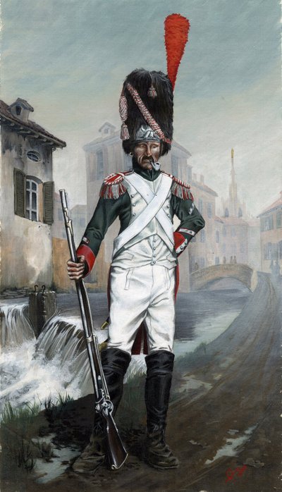 Første imperium (1804-1814 og 1815): Italienske grenadersoldater nær kanalen i Milano med katedralen i bakgrunnen. Tegning av Alessandro Lonati av Alessandro Lonati