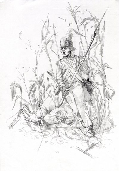 Første imperium (1804-1814 og 1815): soldat fra Napoleon-hæren, infanterist stormet gjennom et maisfelt med en såret kamerat. Tegning av Alessandro Lonati av Alessandro Lonati