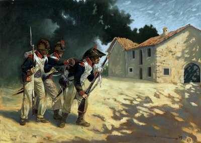 Første imperium: Grenaderer fra det franske infanteriet på patrulje under de italienske felttogene. Tegning av Alessandro Lonati av Alessandro Lonati