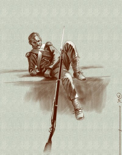Første imperium: lett infanterisoldat i ro under et felttog av Napoleon I (sannsynligvis i Russland) Tidlig på 1800-tallet. Illustrasjon av Alesandro Lonati. 2010 av Alessandro Lonati