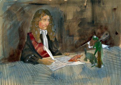 Den franske forfatteren Jean de la Fontaine ser på karakterene hans av fabler Illustrasjon av Alessandro Lonati av Alessandro Lonati