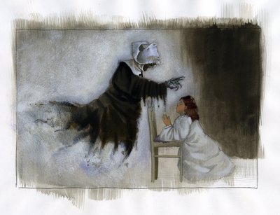 Spøkelset til en eldre nonne med skjeve hender dukker opp for en liten jente som ber Illustrasjon av Alessandro Lonati av Alessandro Lonati