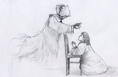 Spøkelset til en eldre nonne med skjeve hender dukker opp for en liten jente som ber Illustrasjon av Alessandro Lonati av Alessandro Lonati