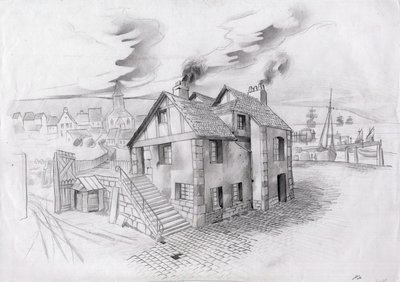 Hus i en landsby nær en havn i Frankrike på 1800-tallet. av Alessandro Lonati