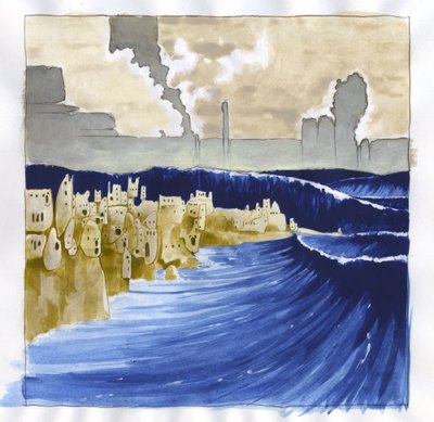 Illustrasjon av myten om øya forsvant under Atlantishavet (Atlantis): utsikt over det rastløse havet etter vulkanutbruddet som oversvømmet den legendariske øya. Fargetegning av Alessandro Lonati. av Alessandro Lonati