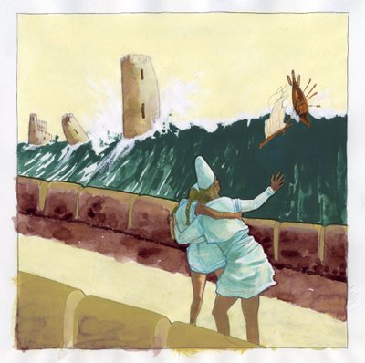 Illustrasjon av myten om øya forsvant under Atlantishavet (Atlantis): utsikt over tsunamien som oversvømmer den greske byen på den legendariske øya. Fargetegning av Alessandro Lonati. av Alessandro Lonati