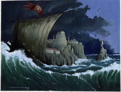 Illustrasjon av myten om øya forsvant under Atlantishavet: utsikt over den greske byen på den legendariske øya før den forsvant. Fargetegning av Alessandro Lonati. av Alessandro Lonati
