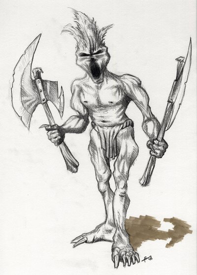 Legendarisk monster for Fantasy Illustration: trollkriger med økser. Tegning av Alessandro Lonati av Alessandro Lonati