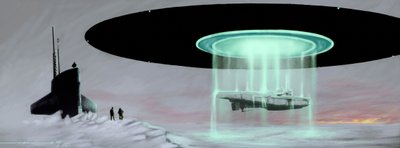 Møte på Nordpolen mellom en U-støvelubåt og en flygende tallerken (UFO, UFO eller romvesen) for å få tilbake en ubåt tatt av romvesener under krigen. Tegning av Alessandro Lonati av Alessandro Lonati