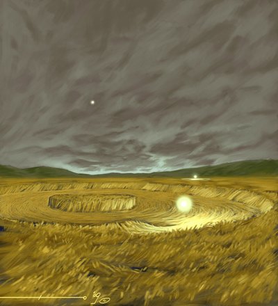 Mystiske fenomener: representasjon av den legendariske dannelsen av kornsirkler (agroglyph, kornsirkel eller hvetesirkel) geometriske former laget i hvetefelt som ifølge visse teorier er arbeidet til romvesener (UFO eller UFO). Tegning av Alessandro L av Alessandro Lonati
