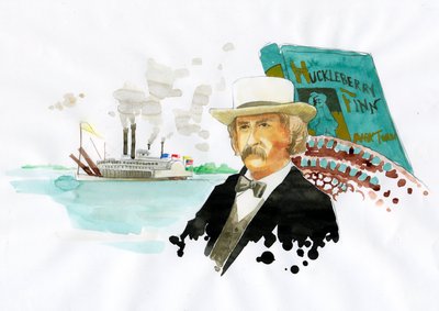 Portrett av den amerikanske forfatteren Mark Twain (1835-1910) (Portrett av den amerikanske forfatteren Mark Twain) Illustrasjon av Alessandro Lonati av Alessandro Lonati