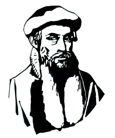 Portrett av Johannes Gensfleisch dit Gutenberg (1400-1468), tysk trykker (Portrett av Johannes Gutenberg) Illustrasjon av Alessandro Lonati av Alessandro Lonati