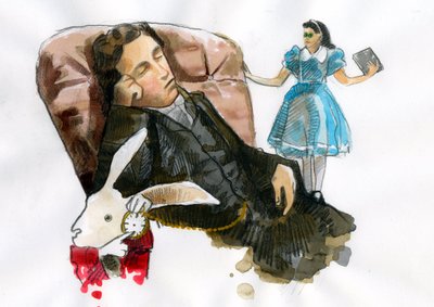Portrett av Lewis Carroll romanforfatter, essayist, fotograf omgir karakterene hans (Portrait of Lewis Carroll (1832-1898)) av Alessandro Lonati