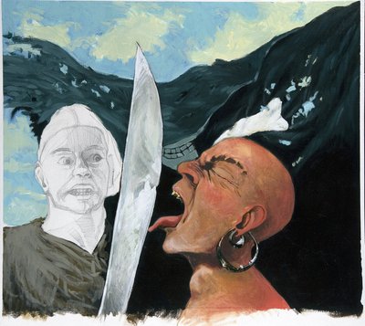 Portrett av en pirat (privatmann) som trosser motstanderens sverd ved å berøre ham med tungen. På bunnen av jolly roger (hodeskalle). Fargetegning av Alessandro Lonati. av Alessandro Lonati