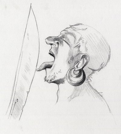 Portrett av en pirat (privatmann) som trosser sverdet ved å berøre det med tungen. Tegning av Alessandro Lonati. av Alessandro Lonati