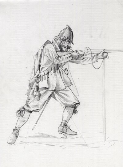 Portrett av en fartøyssoldat fra 1600-tallet som setter seg selv i skyteposisjon. Tegning av Alessandro Lonati. av Alessandro Lonati