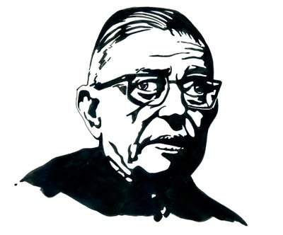 Portrett av den franske forfatteren, filosofen og dramatikeren Jean-Paul (Jean Paul) Sartre Tegning av Alessandro Lonati