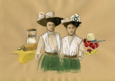 Portrett av søstrene Stephanie (1838-1917) og Caroline Tatin (1847-1911) som oppfant desserten francais tatin a de Lamotte-Beuvron en Sologne (Portrett av søstrene Stephanie og Caroline Tatin som fant opp opp-ned bakverk der frukten (usu av Alessandro Lonati
