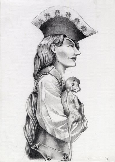 Profilportrett av en piratkvinne fra Karibia (privat), med en liten ape i armene. Tegning av Alessandro Lonati. av Alessandro Lonati