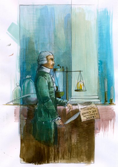 Representasjon av Antoine Lavoisier (1743-1794) fransk kjemiker, filosof og økonom (Portrett av den franske adelsmannen og kjemikeren Antoine Lavoisier) Illustrasjon av Alessandro Lonati av Alessandro Lonati