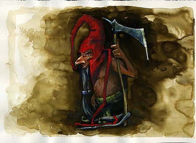 Representasjon av en Red Cap (Red Cap, Powrie eller Dunter, Red-Bonnet) legendarisk ondsinnet skapning fra Goblin-familien fra britisk folklore - (redcap, ondsinnet morderisk dverg, goblin, alv eller fe funnet i Border Folklore) Illustrasjon av Alessandro  av Alessandro Lonati