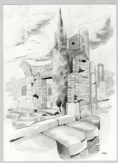 Ruiner av romertiden i Roma, Forum (foro romano) Tegning av Alessandro Lonati. av Alessandro Lonati