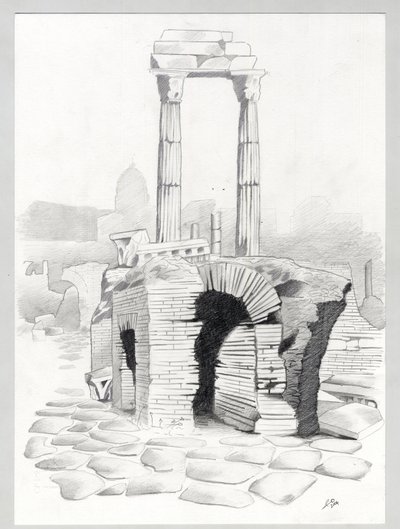 Ruiner av romertiden i Roma, Forum (foro romano) Tegning av Alessandro Lonati. av Alessandro Lonati