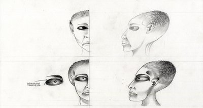 Science fiction-illustrasjon (science fiction): studie av ansiktet til et romvesen eller romvesen (romvesen eller romvesen) fra planeten Mars til erobringen av verdensrommet eller universet. Tegning av Alessandro Lonati av Alessandro Lonati