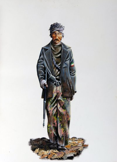 Andre verdenskrig: et medlem av den italienske motstanden (maquis eller gerilja, partisan) (Resistenza Italiana), iført en kamuflasjedrakt og våpen med maskingevær. 1943-1945. Illustrasjon av Alessandro Lonati av Alessandro Lonati
