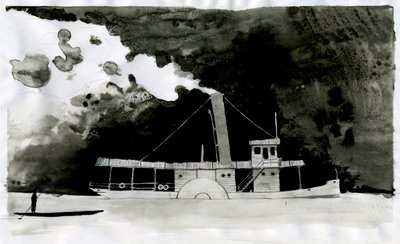 Dampskipsillustrasjon av den nye "" In the Heart of Darkness"" av Joseph Conrad. 2012 av Alessandro Lonati