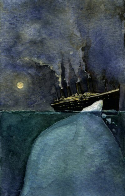 Utsikt over den transatlantiske rutebåten Titanic på tidspunktet for forliset 14. og 15. april 1912, forårsaket av kollisjonen med et isfjell. Illustrasjon av Alessandro Lonati. 2011 av Alessandro Lonati