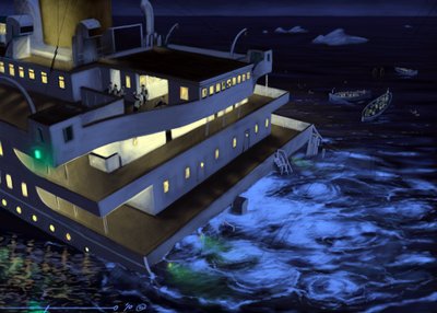 Utsikt over det transatlantiske ruteskipet Titanic på tidspunktet for forliset 14. og 15. april 1912. Illustrasjon av Alesandro Lonati. 2010 av Alessandro Lonati