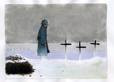 Første verdenskrig: en fransk soldat i en krigsgrav som ser på korsene av Alessandro Lonati