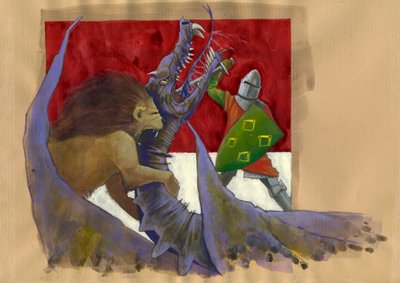 Yvain, løvens ridder som kjemper mot dragen Illustrasjon av Alessandro Lonati av Alessandro Lonati