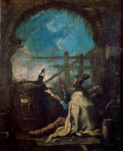 A Clown Training a Magpie, sent på 1600- eller 1700-tallet av Alessandro Magnasco
