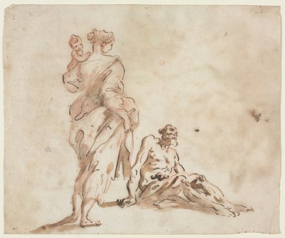 En stående kvinne som holder et barn, en sittende mann ved føttene, første halvdel av 1700-tallet. av Alessandro Magnasco