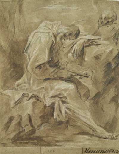Eremitt (rødt kritt, blekk og olje på papir) av Alessandro Magnasco