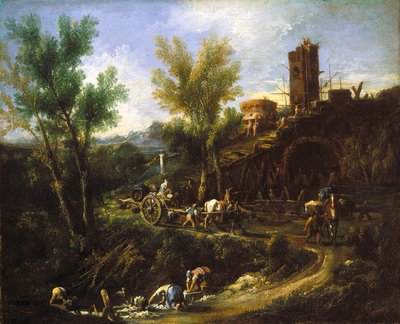 Landskap med sigøynere og vaskekvinner (olje på lerret) av Alessandro Magnasco