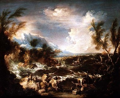 Rocky Coast i en storm med eremittmunker som mottar butikker av Alessandro Magnasco