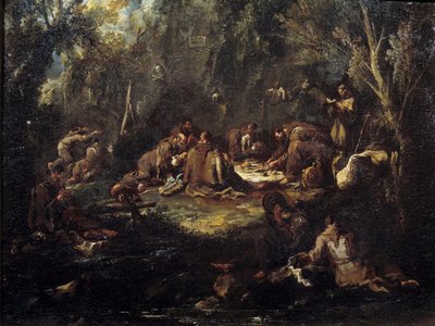Scene av klosterlivet Munkene frokost, ber og leser i en underskog. Maleri av Alessandro Magnasco av Alessandro Magnasco