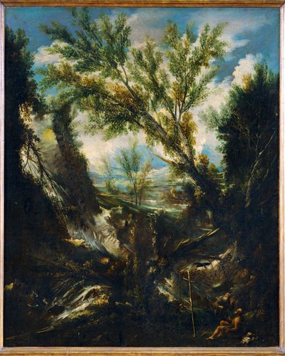 Stormfullt landskap med profeten Elia og kirkefaderen Jerome (maleri på lerret) av Alessandro Magnasco