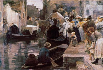 ""Bryllup i Venezia"" De nygifte kjører gondol. Maleri av Alessandro Milesi (1856-1945) 1897 Roma. Galleria Nazionale d
