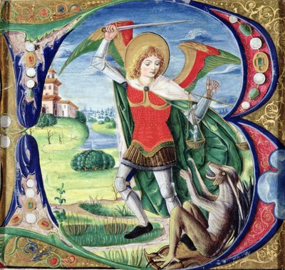 Historikert initial 'B' som viser St. Michael and the Dragon, 1499-1511 av Alessandro Pampurino