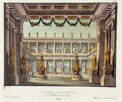 Et fantastisk sted: utsikt over et tempel Scenografi for representasjon av det lyriske dramaet "" Enea nel Lazio "" (1799) av Giuseppe Sarti. Litografi i "" Samling av naturskjønne oppfinnelser fra 1830 av Alessandro Sanquirico (1777-1849) "". Privat Milan av Alessandro Sanquirico