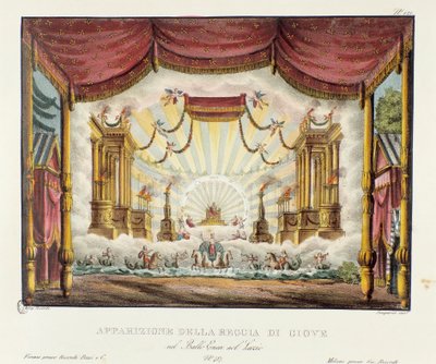 Utseende av kongeriket Jupiter Scenografi for representasjon av operadramaet "" Enea nel Lazio "" (1799) av Giuseppe Sarti. Litografi i "" Samling av naturskjønne oppfinnelser fra 1830 av Alessandro Sanquirico (1777-1849) "". Milanesisk privat kol av Alessandro Sanquirico