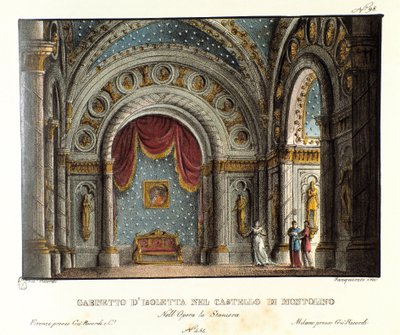 Isolettas kabinett på Montolino slott i Bretagne Scenografi for forestillingen på Teatro alla scala i 1829 av operaen "La straniera" "(1828) av Vincenzo Bellini. Litografi i "" Samling av naturskjønne oppfinnelser fra 1830 av Alessandro Sanquirico av Alessandro Sanquirico
